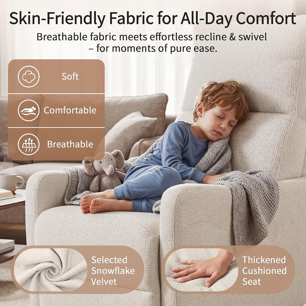 29" 270 Swivel Rocker Velvet Modern Comfort Lazy Cloud Chair, Upholstered Deep Seat Single Sofa with USB Port, Fashion Lounge Chair Side Pocket for Nursery Theater Small Spaces, Beige