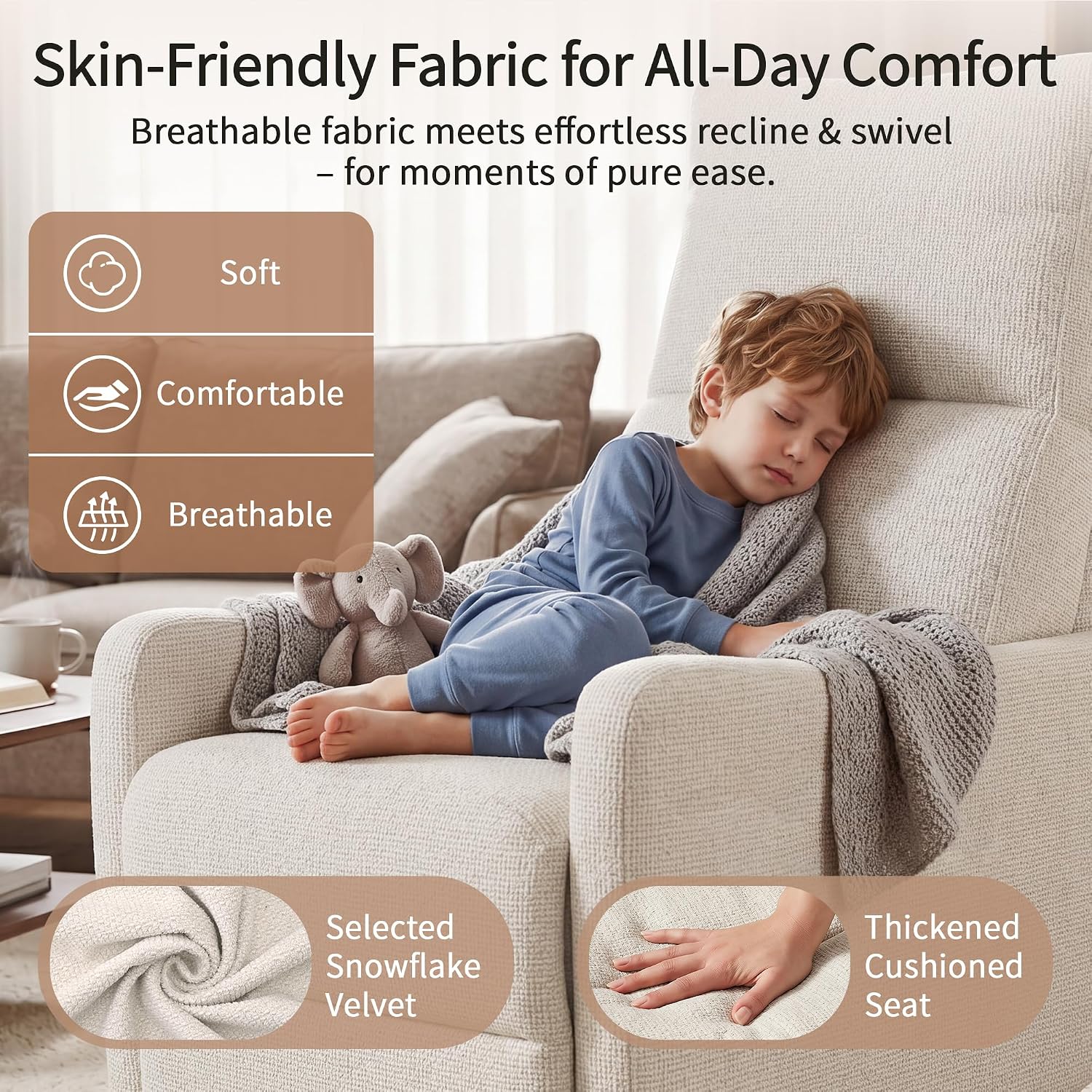 29" 270 Swivel Rocker Velvet Modern Comfort Lazy Cloud Chair, Upholstered Deep Seat Single Sofa with USB Port, Fashion Lounge Chair Side Pocket for Nursery Theater Small Spaces, Beige