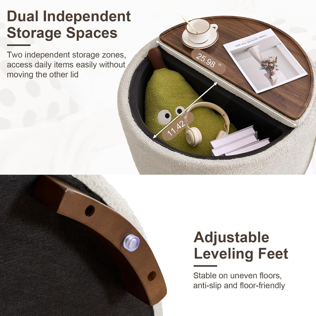 29.5 Inch Round Storage Ottoman Coffee Table, Modern Teddy Ottoman with Storage with Dual Reversible Lids and Solid Wood Legs, Upholstered Circle Coffee Table for Living Room, Bedroom, Beige