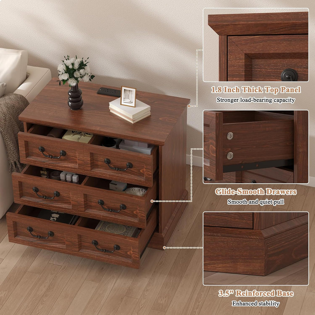 VVFLU 27.6" Wide Farmhouse Nightstand with Charging Station, 3 Drawer Nightstands Set of 2, Larger Side Table End Table, Modern Night Stand for Bedroom, Living Room, Cherry Nightstand