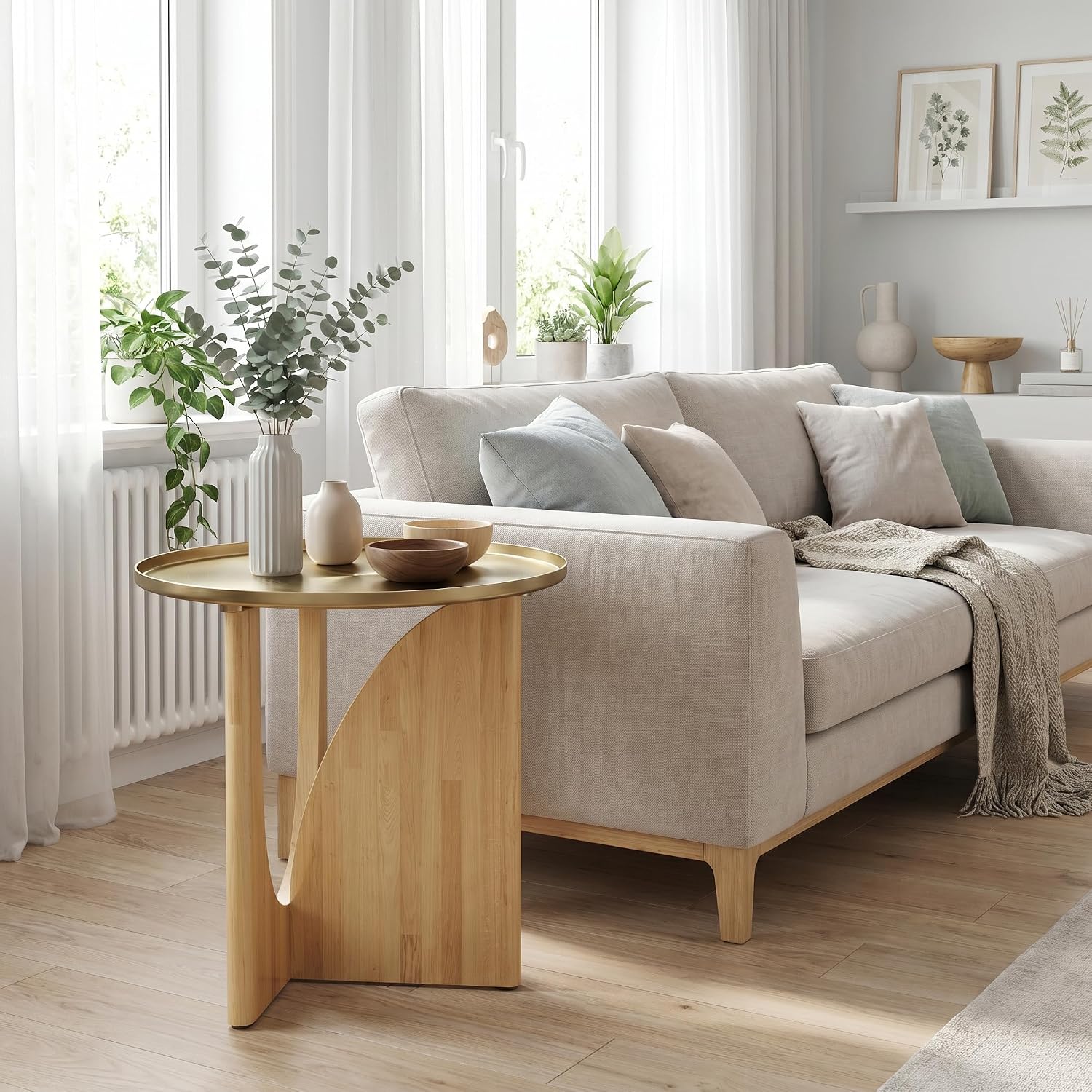 ACEDÉCOR Round Side Table, Solid Wood End Table with Brushed Gold Metal Tray Top, Modern Side Table for Living Room Bedroom Small Space