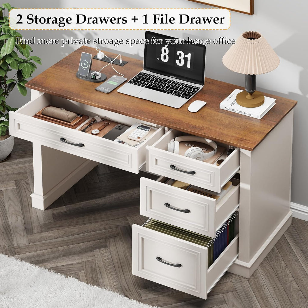 Halitaa Farmhouse 47" Executive Desk, Computer Desk with Drawers and File Drawer, Workstation Computer Desk with Charging Station for Home Office,Study.Unique White