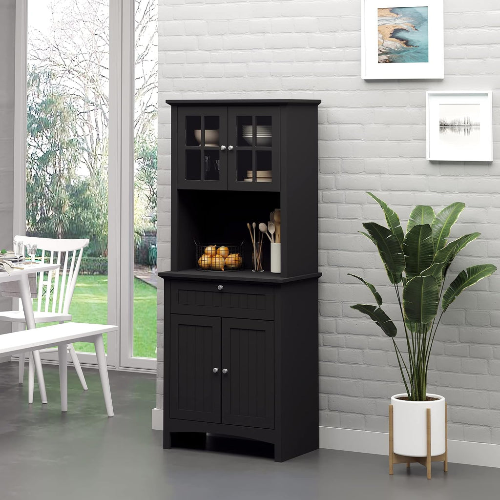 64.5" Kitchen Pantry Cabinet with Hutch,Buffet Sideboard for Coffee Maker & Toaster,Snacks,Spices & Wine Storage Organizer, Fits Kitchen,Dining Room & Coffee Bar,Black