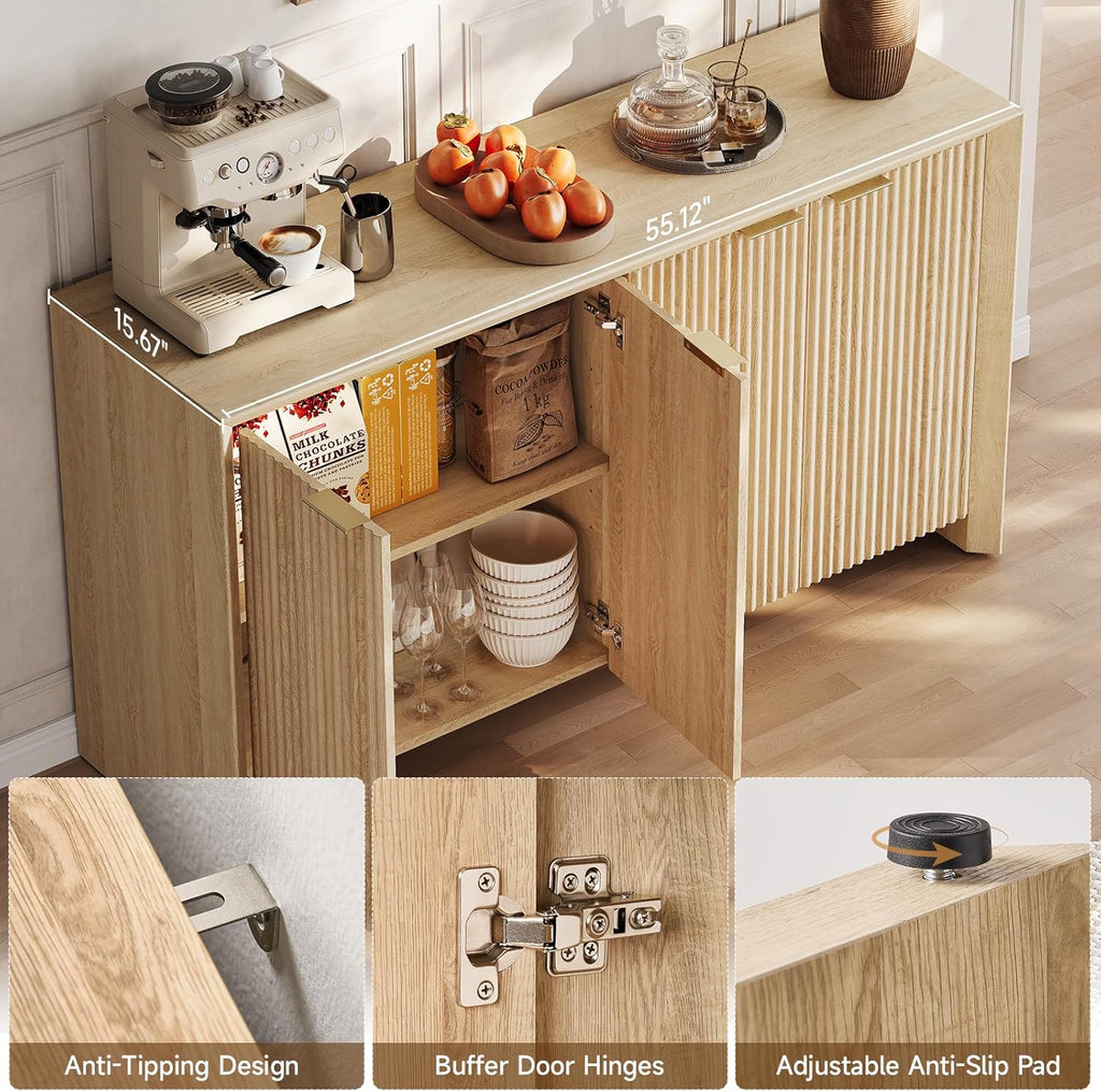 ONBRILL Fluted Sideboard Buffet Cabinet with Storage, Wooden Modern Fluted Sideboard with 4 Doors and 5 Adjustable Shelves, Coffee Bar Table for Dining Room, Hallway, Kitchen (Natural Oak)