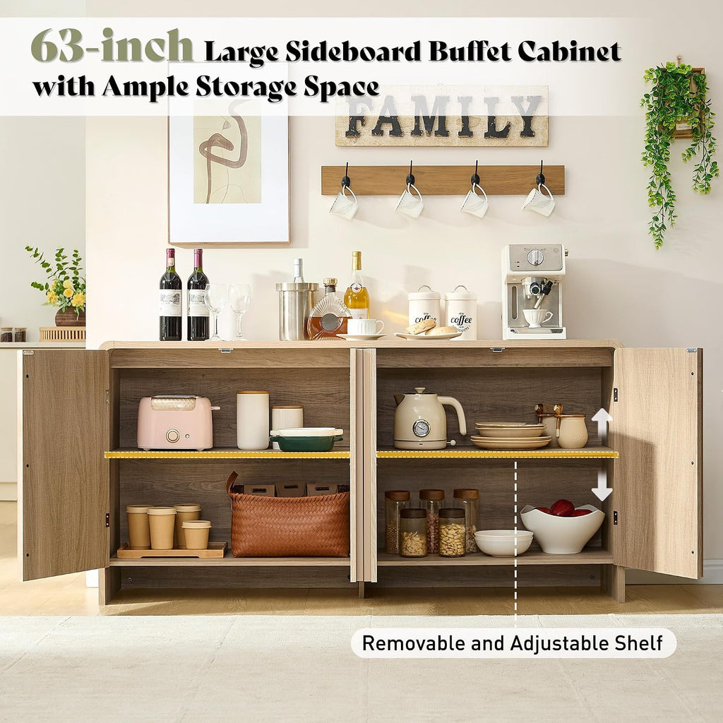 AMERLIFE 63" Fluted Sideboard Buffet Cabinet with Storage, Modern Credenza Console with 4 Doors & Adjustable Shelves, Wood Coffee Bar for Kitchen, Living Room, Hallway, Natural Oak