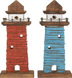 Deco 79 Wood Light House Decorative Sculpture Distressed Home Decor Statues with Blue and Brown Accents, Set of 2 Accent Figurines 5" W, 10" H, Red
