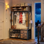 Raybee Hall Tree with Bench and Shoe Storage, Coat Rack Freestanding with 3 Fabric Drawers, Entryway Bench with Shoe Storage, Hall Tree with 12 Hooks for Hallway, Rustic Brown