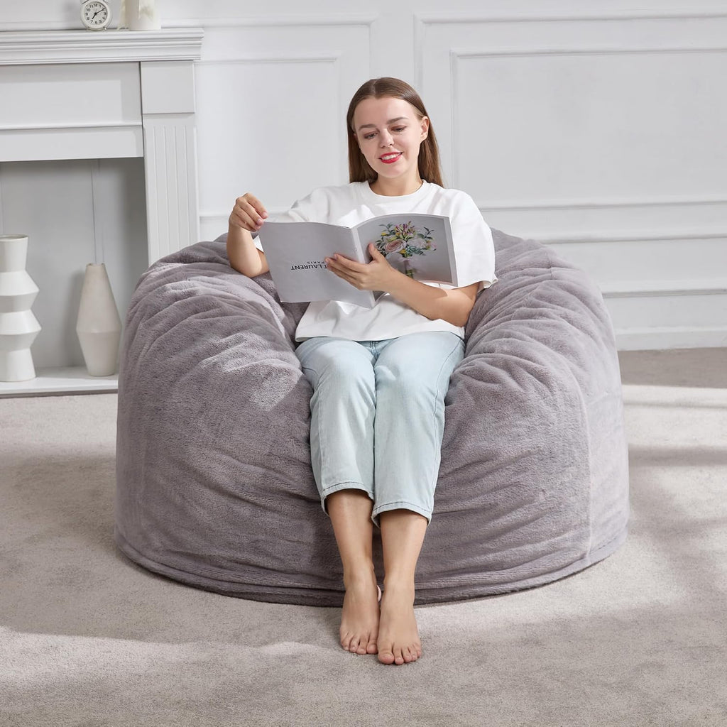 Hobestluk 3ft Bean Bag Chairs for Adults Large Beanbag Chair with Plush Faux Fur Cover Big Bean Bag Chair for Living Room Bedroom Dorm Office - Grey (36” x 36” x 22”)
