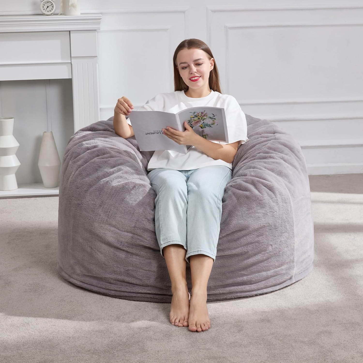 Hobestluk Adult Bean Bag Chair 3FT Large Lounger with Plush Cover, Grey | Memory Foam Filled, Removable and Washable Cover, Portable Handle, Relaxing, Reading, Medium, Skin-Friendly Plush Faux Fur