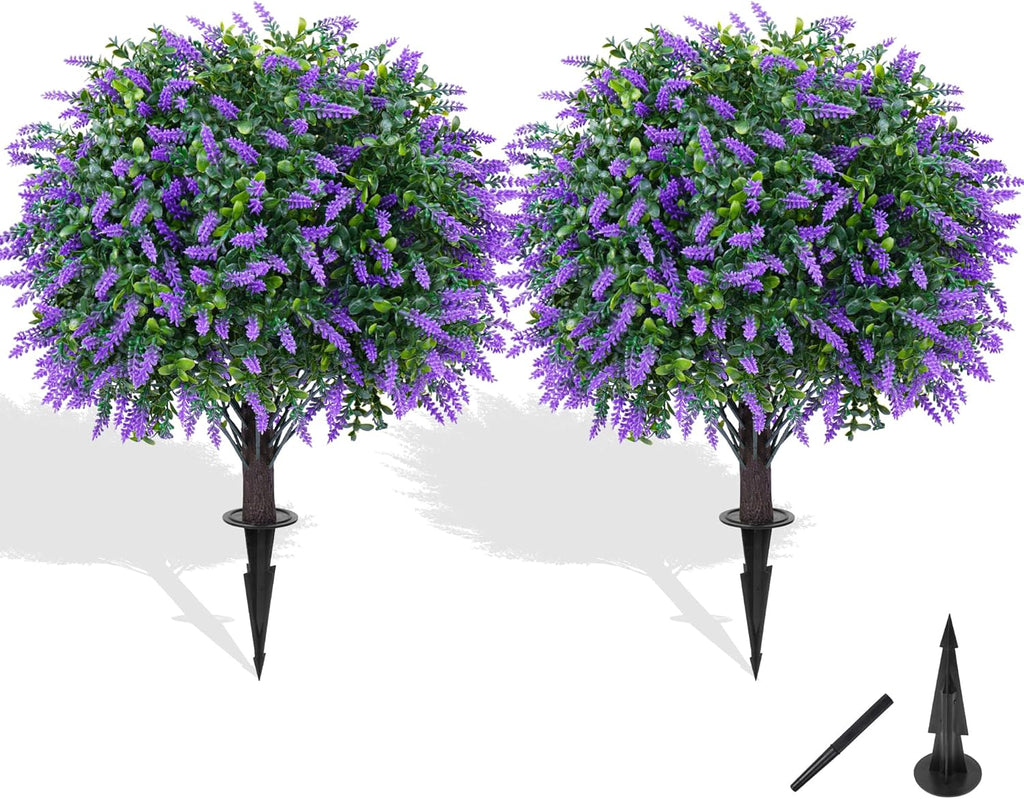 Grooy Artificial Boxwood Topiary Ball with Lavender, Set of 2 Artificial Shrub Bushes with Ground Spike, UV Resistant Fake Evergreen Plant Tree for Porch Outdoor Planters Indoor