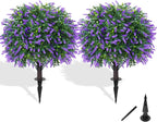 Grooy Artificial Boxwood Topiary Ball with Lavender, Set of 2 Artificial Shrub Bushes with Ground Spike, UV Resistant Fake Evergreen Plant Tree for Porch Outdoor Planters Indoor