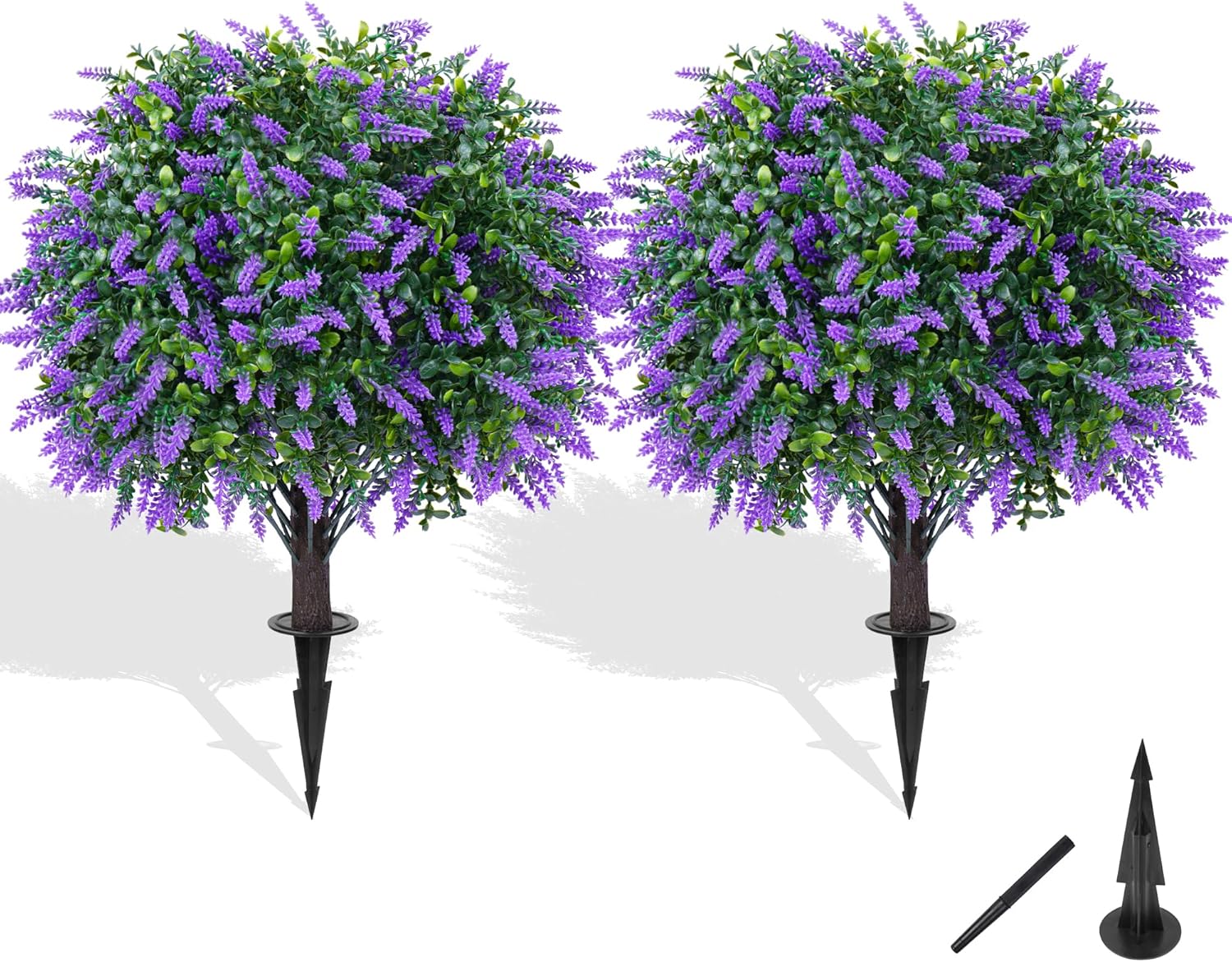 Grooy Artificial Boxwood Topiary Ball with Lavender, Set of 2 Artificial Shrub Bushes with Ground Spike, UV Resistant Fake Evergreen Plant Tree for Porch Outdoor Planters Indoor