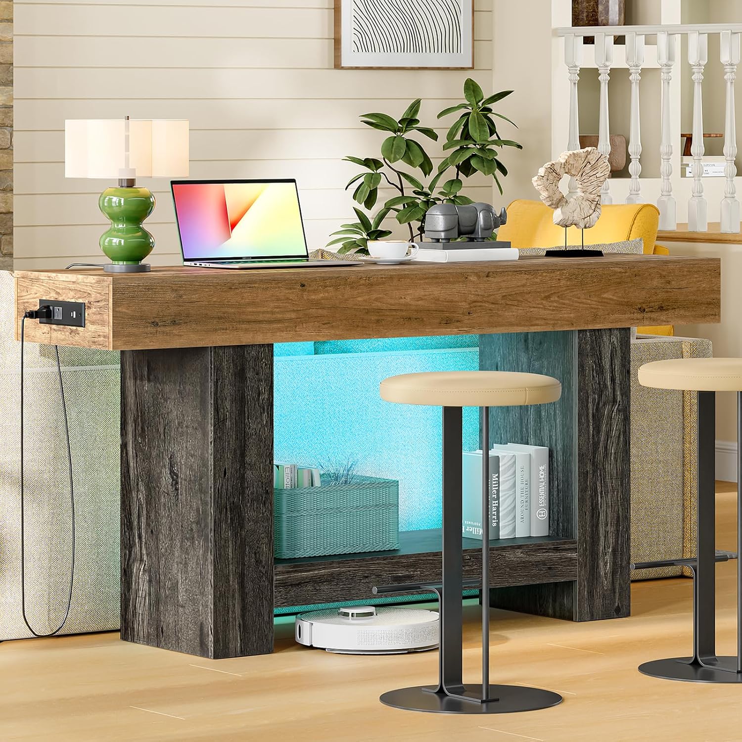 TEENFON 63" Console Tables for Entryway, Sofa Table, Behind The Couch Table with Charging Station and LED Lights, Farmhouse Entryway Table for Entrance, Hallway, Living Room