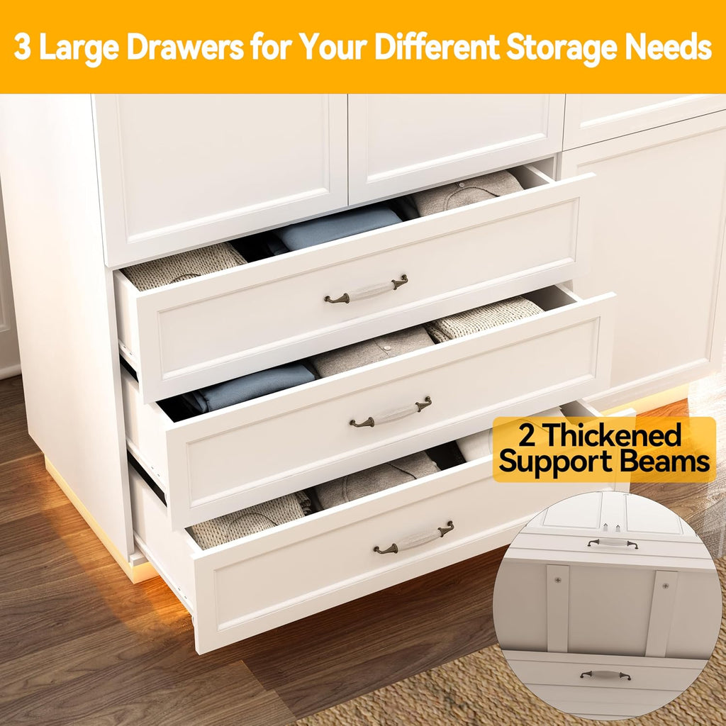 72" Wooden Armoire Wardrobe Closet with 3 Door White Bedroom Armoire with LED Light 3 Drawers Large Modern Wardrobe Cabinet with Retro Ceramic Door Handles and Removable Hanging Rod