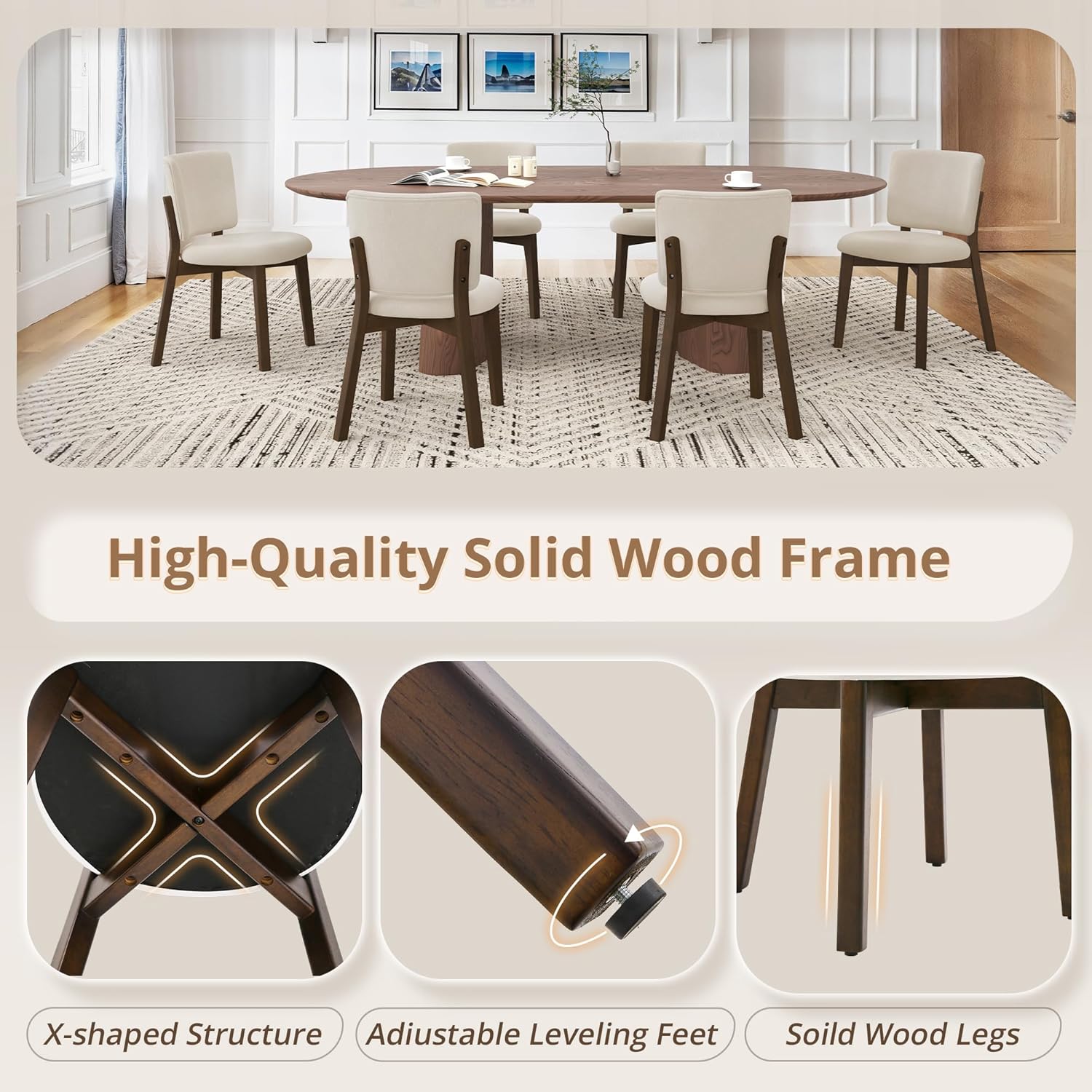 LUE BONA Wooden Dining Chairs Set of 4, Comfortable Wide Back Kitchen Side Chairs, Strong Thick Legs for Modern Farmhouse Dining Room, Linen Upholstered and Dark Brown Legs