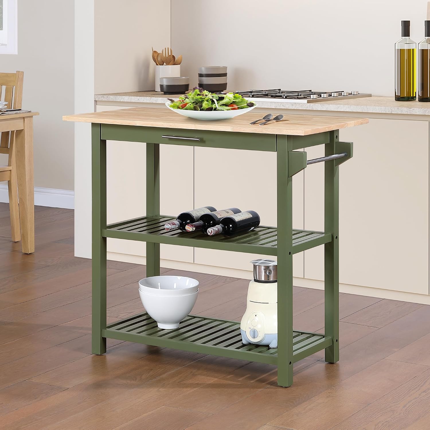 Convenience Concepts Designs2Go 3 Tier Butcher Block Kitchen Prep Island 40" - 3 Tier Modern Cooking Cart with Drawer, Food Serving Station for Kitchen, Dining Room, Dark Green Sage
