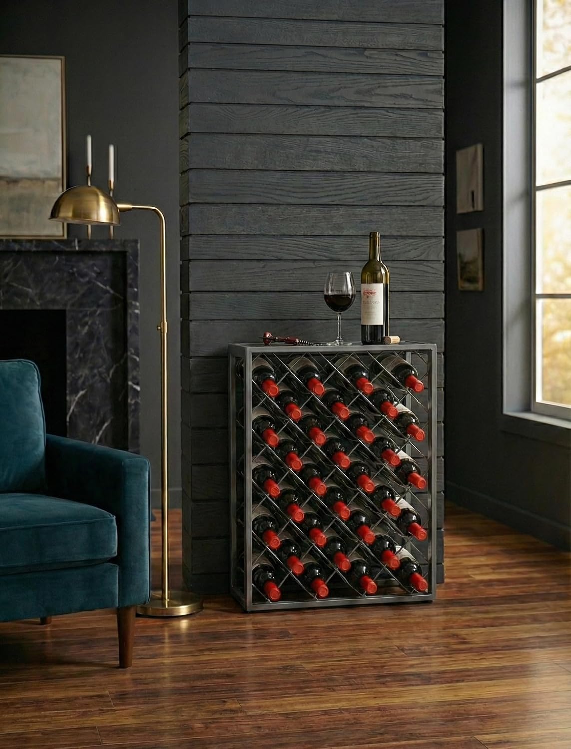 Mango Steam 32 Bottle Gray Wine Rack with Gray Glass Top Shelf, Free Standing for Home, Kitchen and Bar