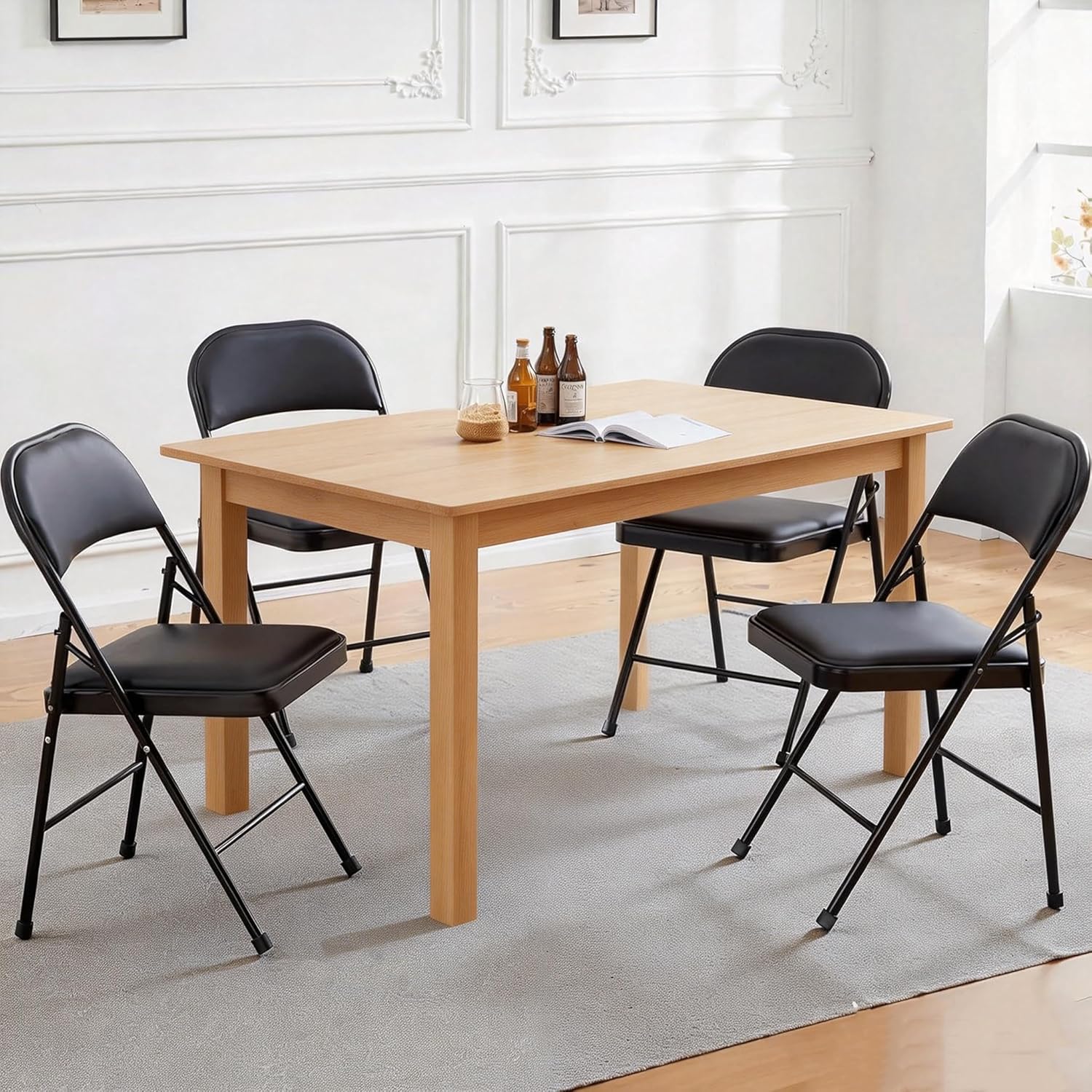 Simple Deluxe Dining Chairs Set of 4, Leather Cushion Foldable Contemporary Kitchen Side Chair with Padded Back & Sturdy Metal Legs, Upholstered Seat for Home/Living Room/Bedroom/Cafe, Black