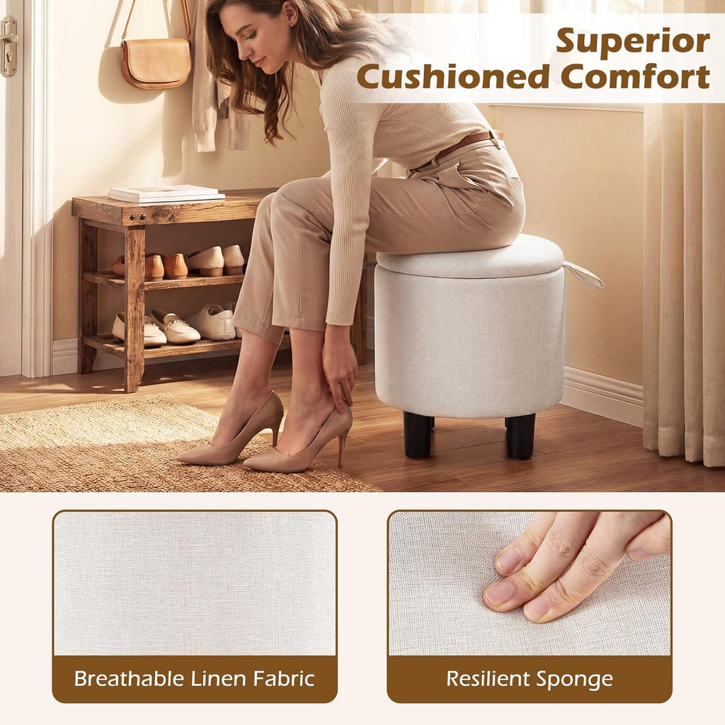 Giantex Round Storage Ottoman, Linen Fabric Upholstered Ottoman Foot Rest with Removable Lid, Small Ottoman Foot Stool for Bedroom Living Room (Beige)