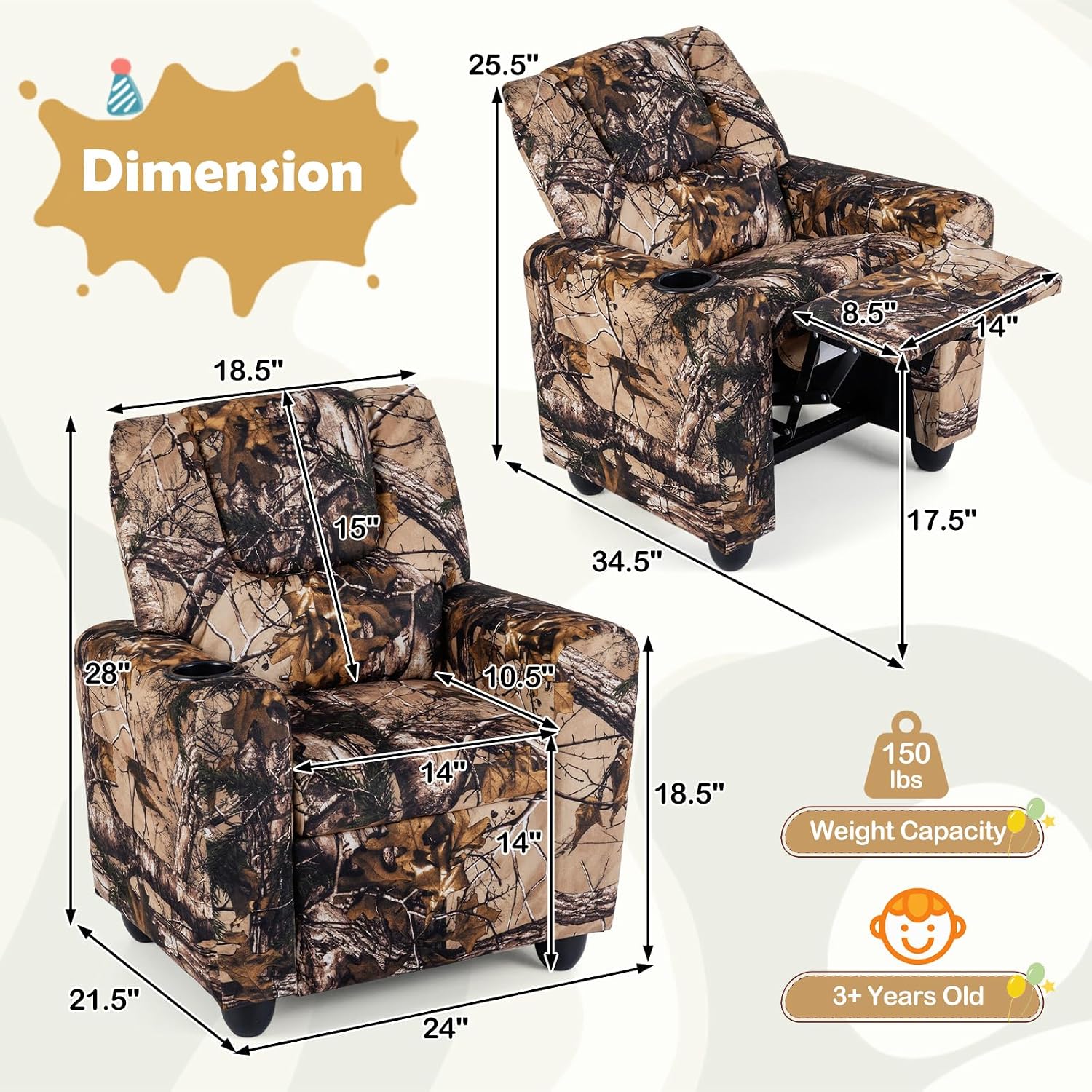 LDAILY Kids Recliner, PU Leather Kids Lounge Chair with Cup Holder, Adjustable Backrest & Footrest, Ergonomic Toddler Recliner Furniture Sofa for Children Boys Girls Age 3+, Living Room (Leaf)