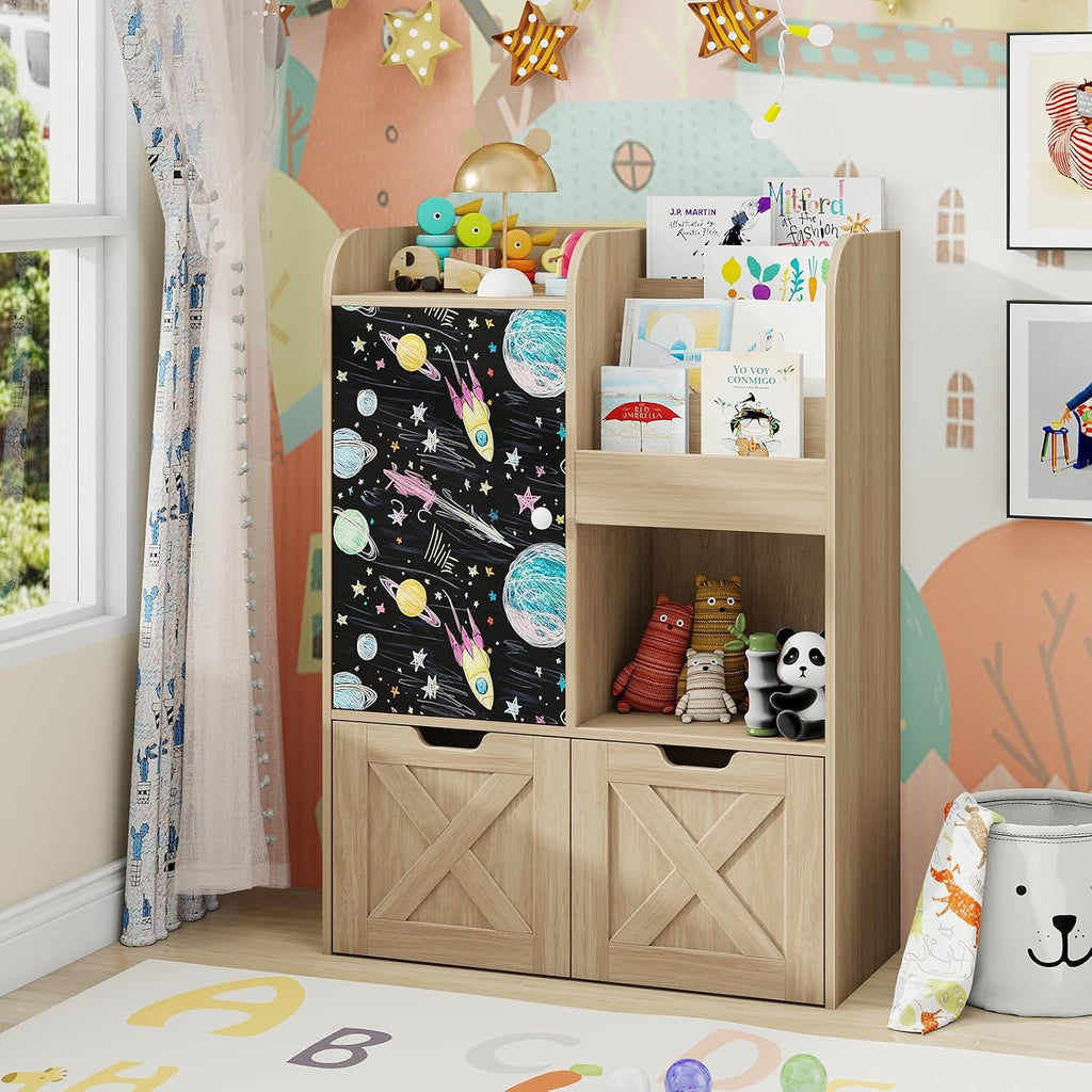 Befrases Kids Toy Storage Organizer with Blackboard, 3-in-1 Toy Organizers and Storage with Reading Nook, Wooden Toy Chest Storage with 2 Drawers and Hidden Wheels for Playroom Storage, Oak