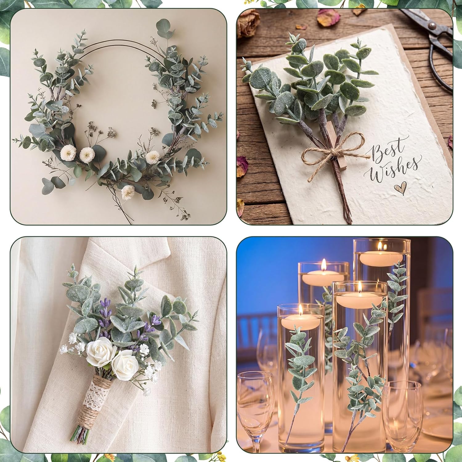 60 Pcs Mini Eucalyptus Stems 6 Inch Artificial Greenery Stem for DIY Bridal Wedding Vase Bouquet Floral Arrangement Centerpiece Baby Shower Home Table Decor Floating Candles