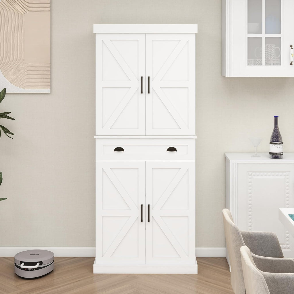 72" Farmhouse Storage Cabinet,Tall Kitchen Pantry Cabinet with 4 Barn Door,1 Drawer & 2 Adjustable Shelves,Freestanding Cupboard for Dining Room,Living Room,Bathroom (White, 72 Inch)