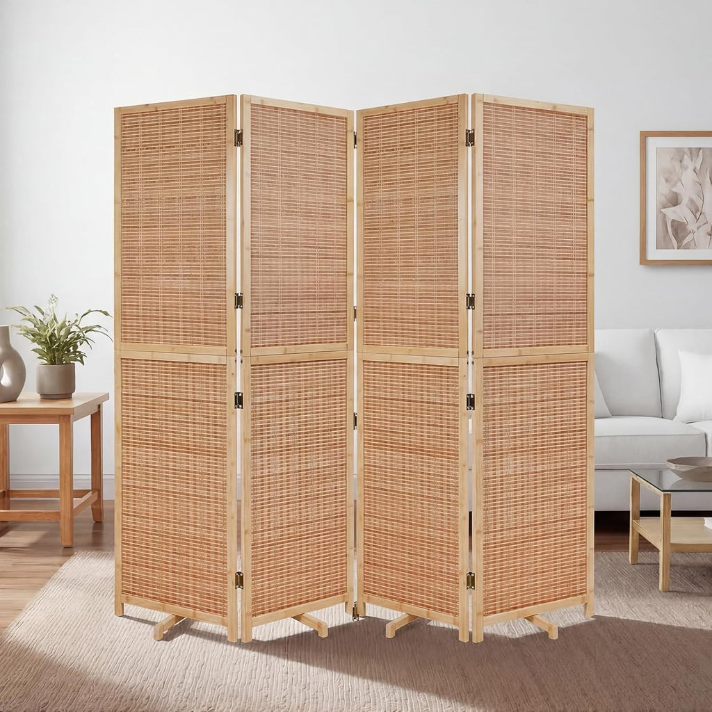Olela 4 Panel Folding Room Divider, 5.6ft Tall Bamboo Room Divider Screen with Rotating Support Feet, 71" Wide Portable Wooden Screen, Easy 2-Step Assembly, Privacy Screens for Indoor Home Bedroom