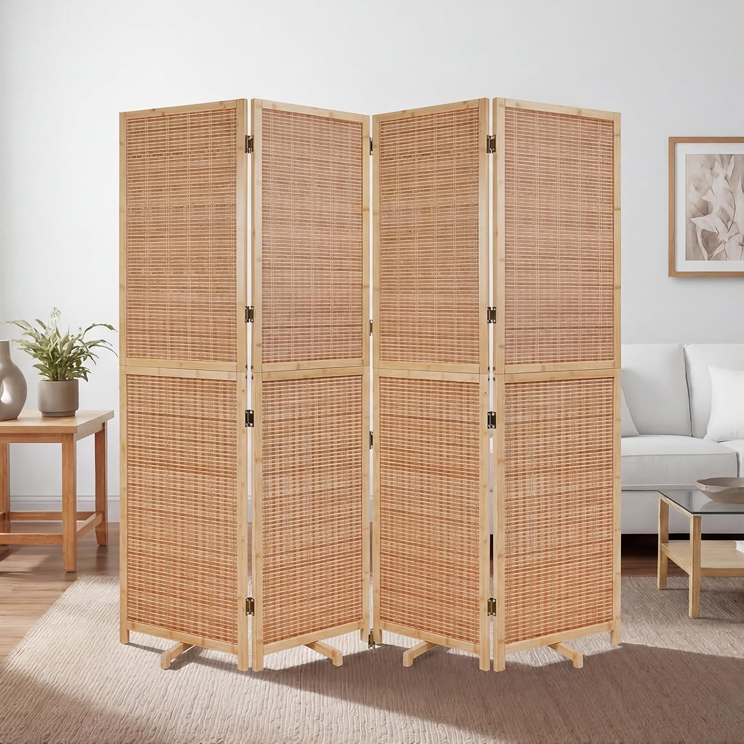 Olela 4 Panel Folding Room Divider, 5.6ft Tall Bamboo Room Divider Screen with Rotating Support Feet, 71" Wide Portable Wooden Screen, Easy 2-Step Assembly, Privacy Screens for Indoor Home Bedroom