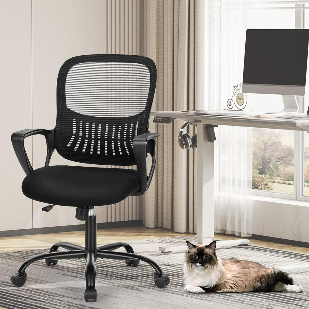 Sweetcrispy Home Office Managerial Executive Chair with Ergonomic Design, Mid-Back Mesh Swivel, Comfortable Lumbar Support, Comfy Arms for Bedroom,Study,Student, Black