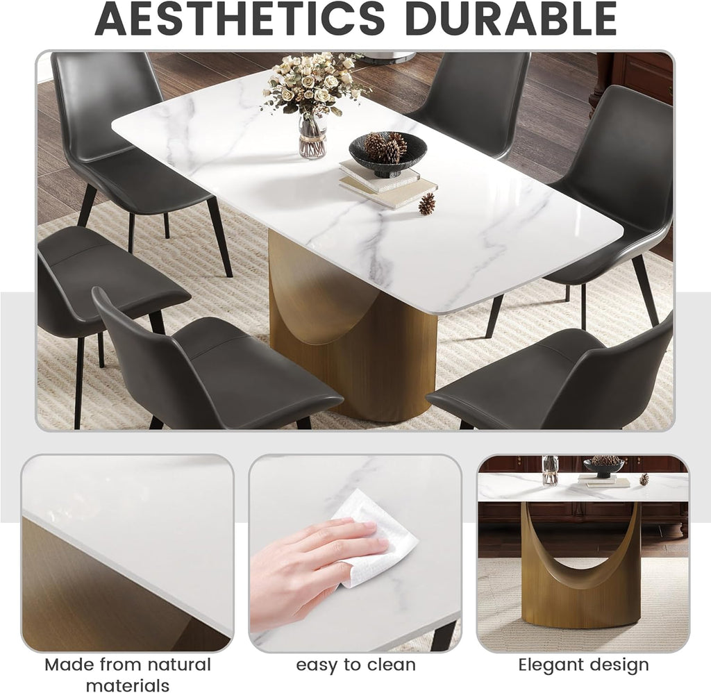 Modern Sintered Stone Dining Table for 6, White Kitchen Table with U-Shaped Gold Carbon Steel Pedestal & Marble Pattern Top, Rounded Corner Design, 63" W Curved Rectangle