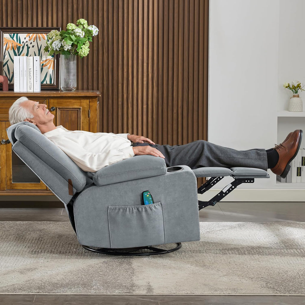 Swivel Rocker Recliner Chair with Heat and 8-Point Massage, Extra Wide Manual Lounge Sofa for Adults, Overstuffed Living Room Chair with 2 Cup Holders 4 Pockets & Remote (-Grey)