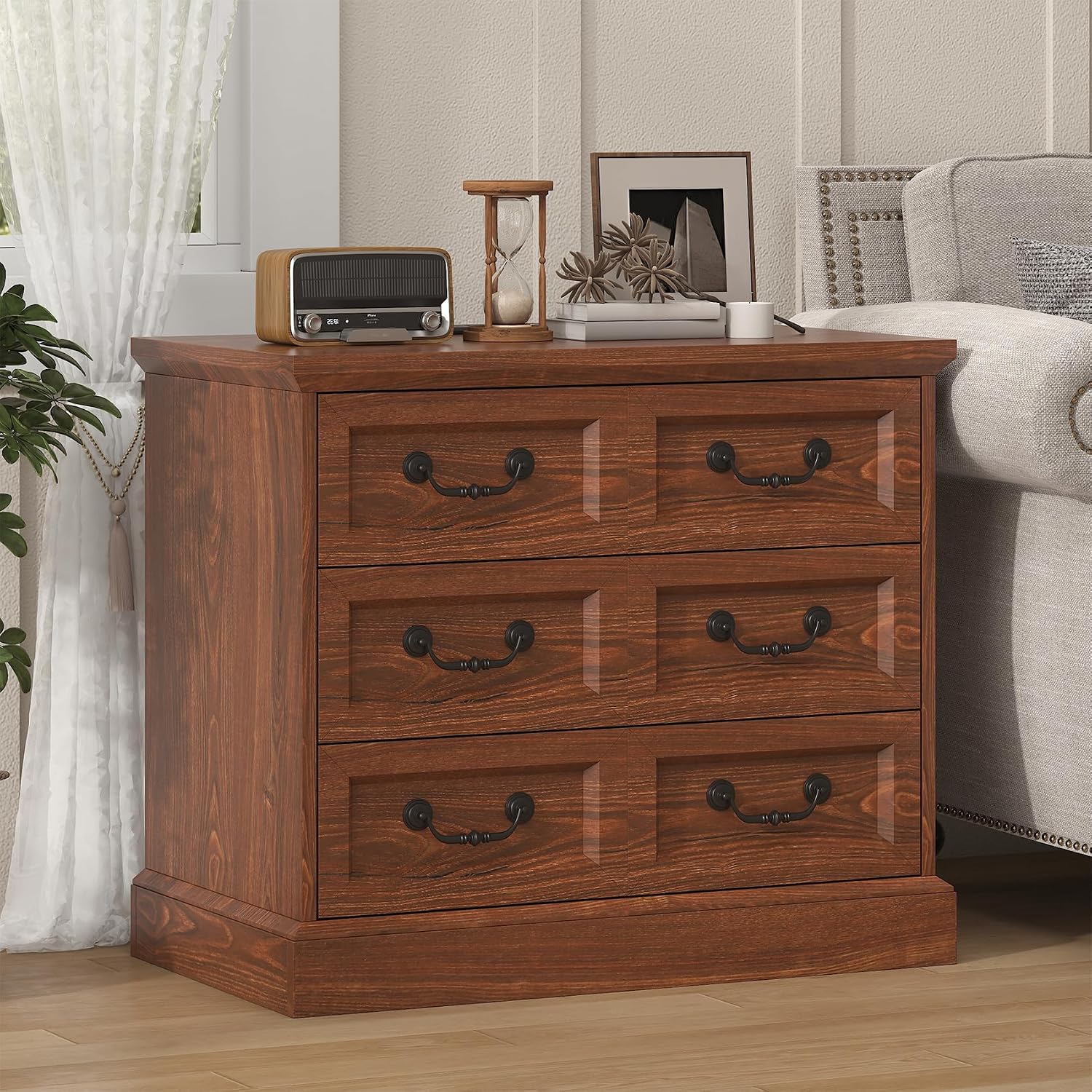 VVFLU 27.6" Wide Farmhouse Nightstand with Charging Station, 3 Drawer Nightstands Set of 2, Larger Side Table End Table, Modern Night Stand for Bedroom, Living Room, Cherry Nightstand