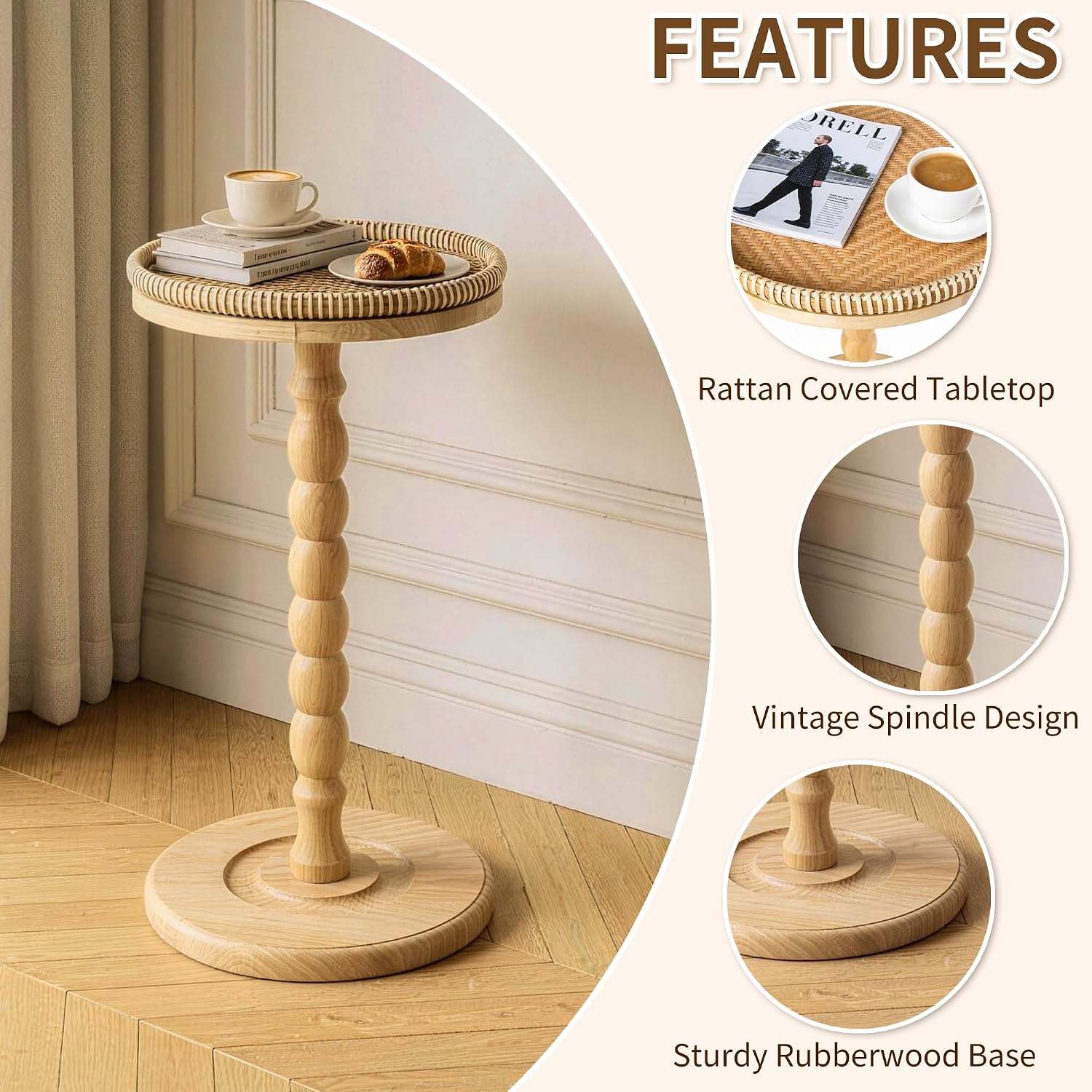 Small Side Table, Rubberwood‌ Drink Table Rattan Round Side Table, Rubberwood‌ Small Drink Table