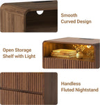 Seang Nightstand Set of 2,Fluted Nightstand with Charging Station & LED Light,Wooden Bedside Table with Curved Profile Design,2 Drawers Storage,Large End Table for Bedroom,Walnut