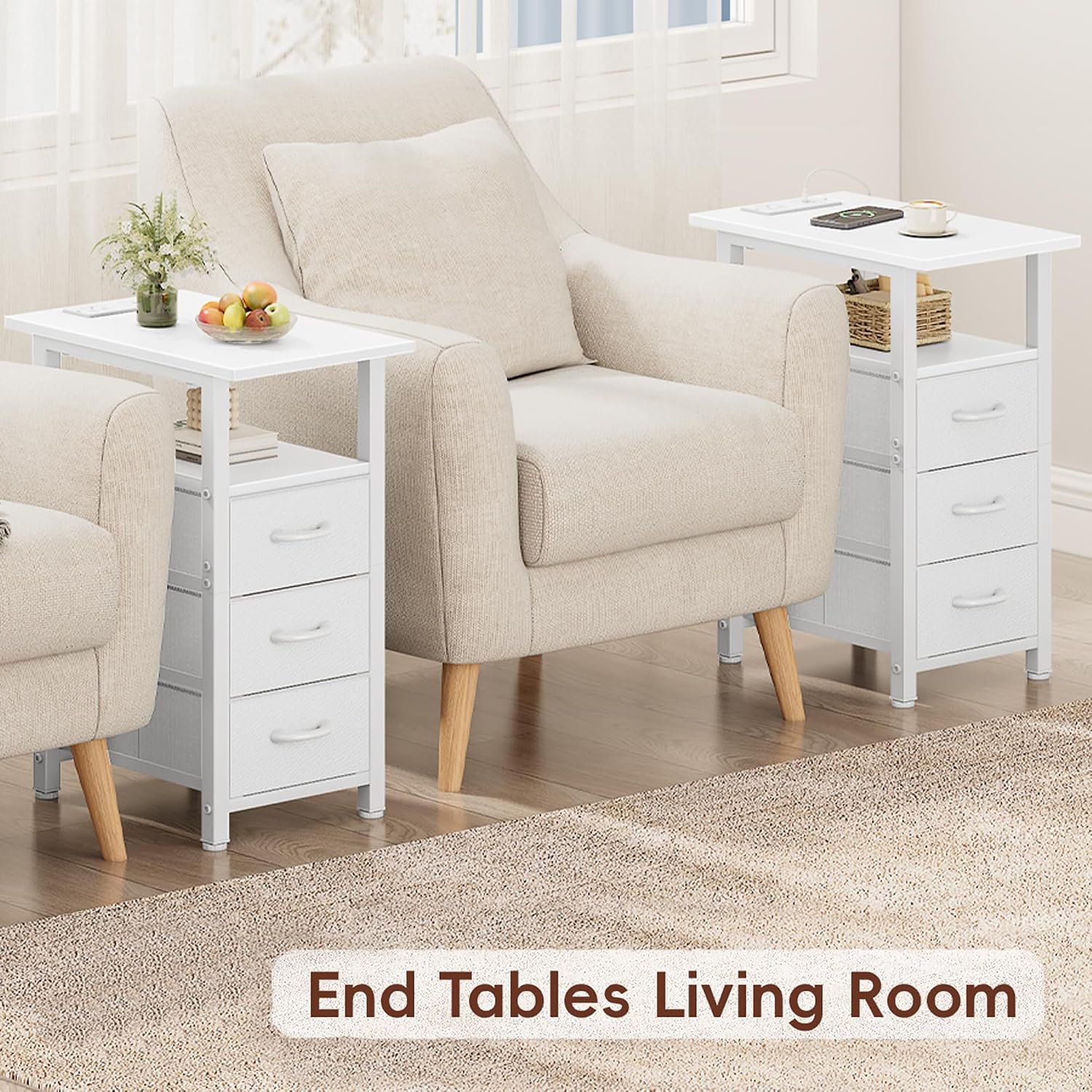 Vagusicc White End Table with Charging Station, Narrow Side Table, Narrow Nightstand with 3 Fabric Drawers, Slim Sofa Side Table for Small Spaces, Small Night Stand for Bedroom, White