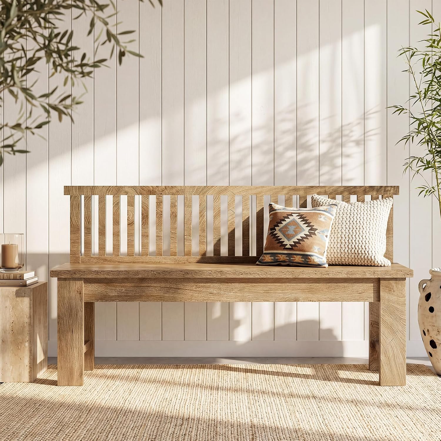 Tribesigns 55-Inch Entryway Bench, Farmhouse Seating Bench with Vertical Stripes Backrest, for Hallway, Kitchen, Living Room, Easy to Assemble, Brown