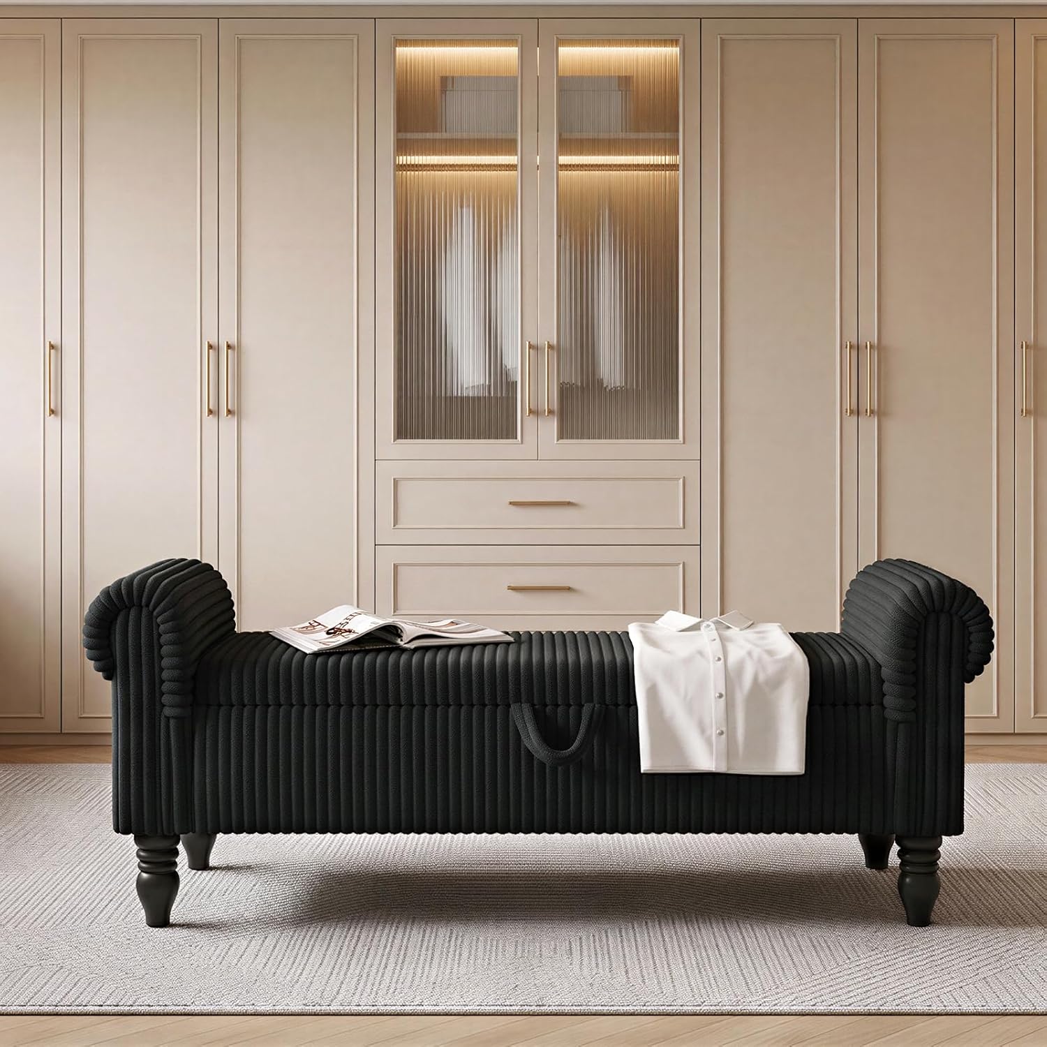 51.5" Corduroy Storage Bench, End of Bed Bench with Storage, Upholstered Bedroom Bench with Rolled Arm, Ottoman Bench for End of Bedroom, Living Room, Entryway (Black)
