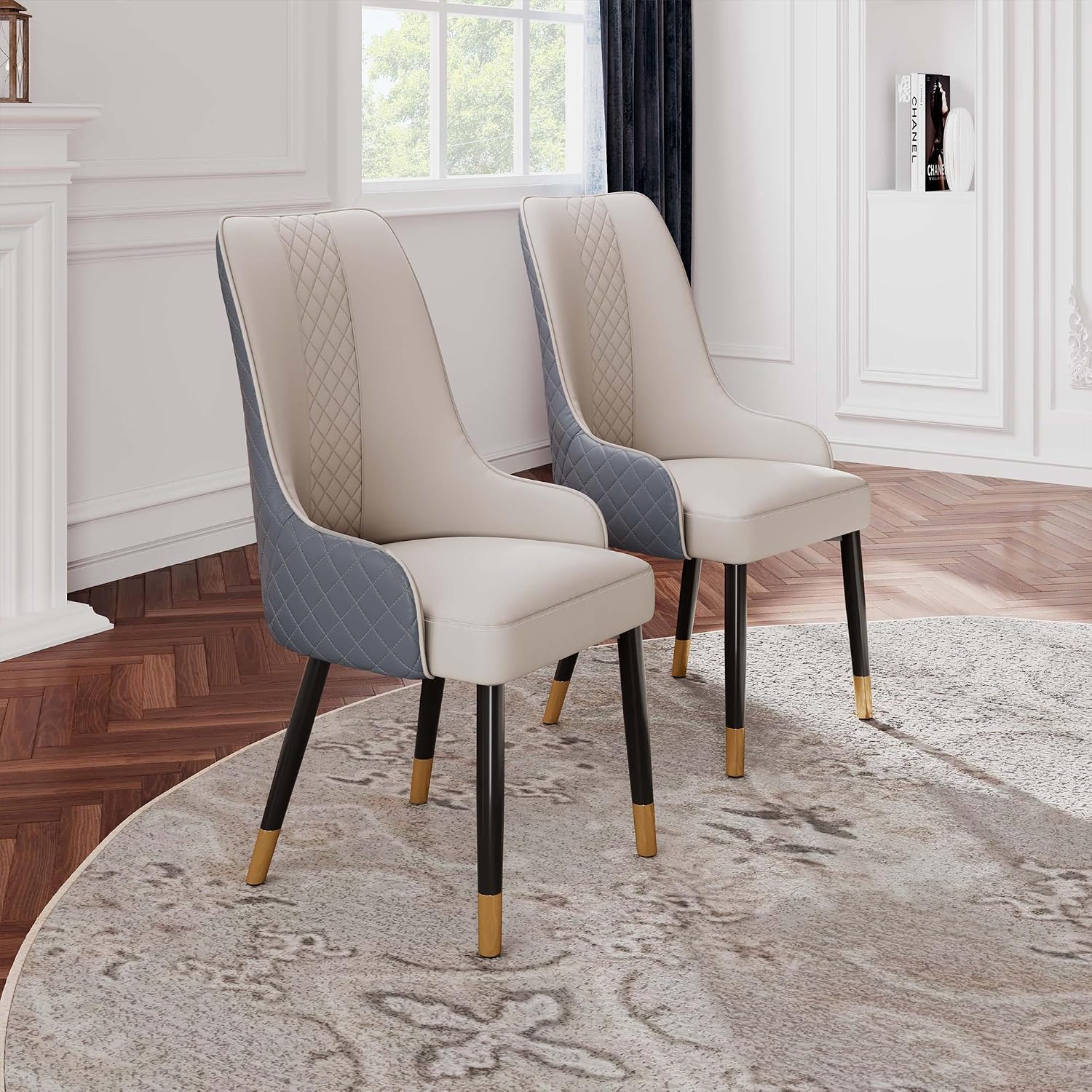 POVISON Dining Chairs Set of 6, Faux Leather Upholstered Bar Chairs with Metal Legs, Modern High-Back Side Chairs for Living Room, Pub, Coffee, Home, Kitchen (Grey)