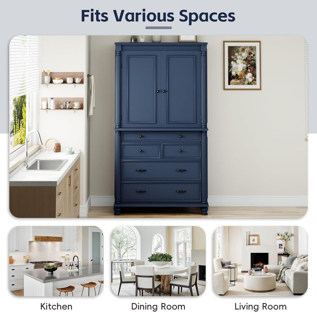 Freestanding 77.3" Tall Storage Cabinet, Wooden Pantry，Blue | Retro Large Kitchen Pantry, 2 Adjustable Shelves, 5 Drawers, 6 Door Shelves