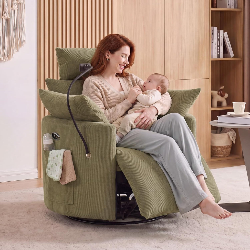 FOXHUNTER Power Nursery Rocking Chairs Glider Rocking Chair 300°Swivel Rocking Recliner with USB Charging Port and Phone Holder,Footrest&Side Pockets,for Living Room,Chenille,Green