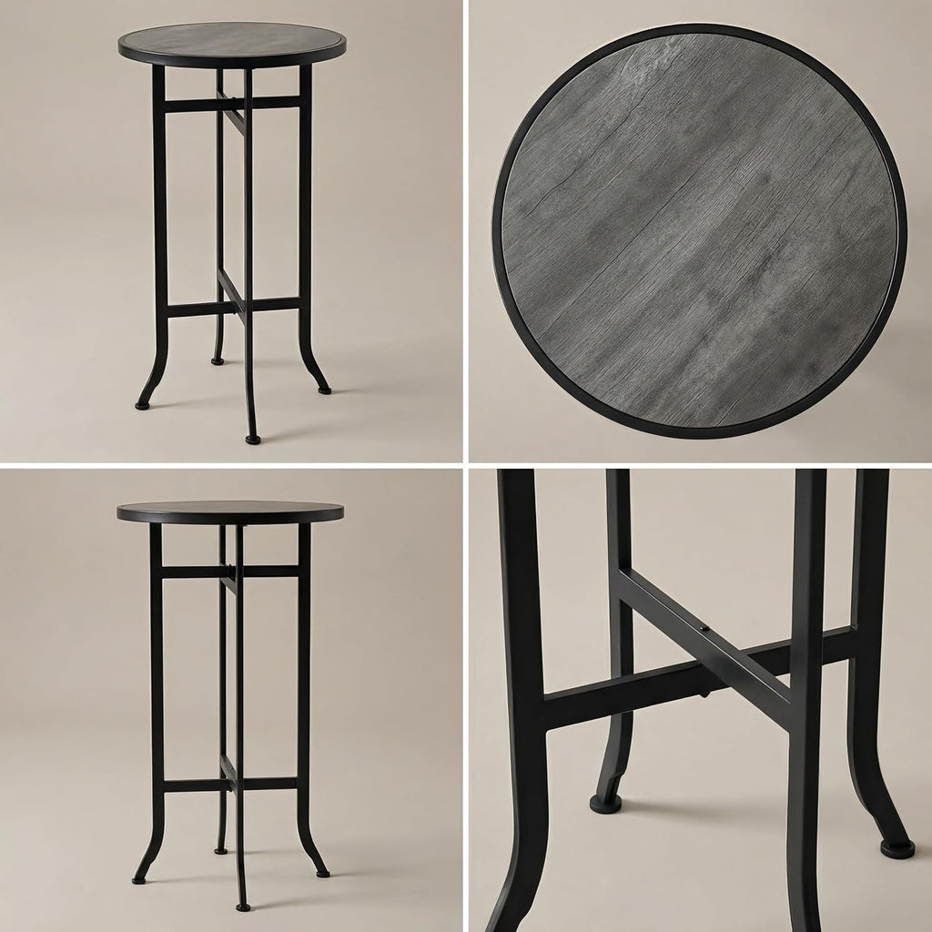 Round Wood Bar Table & Counter Height Table Industrial Metal Bistro Pub Table for Kitchen, Indoor Outdoor Patio, Small Spaces