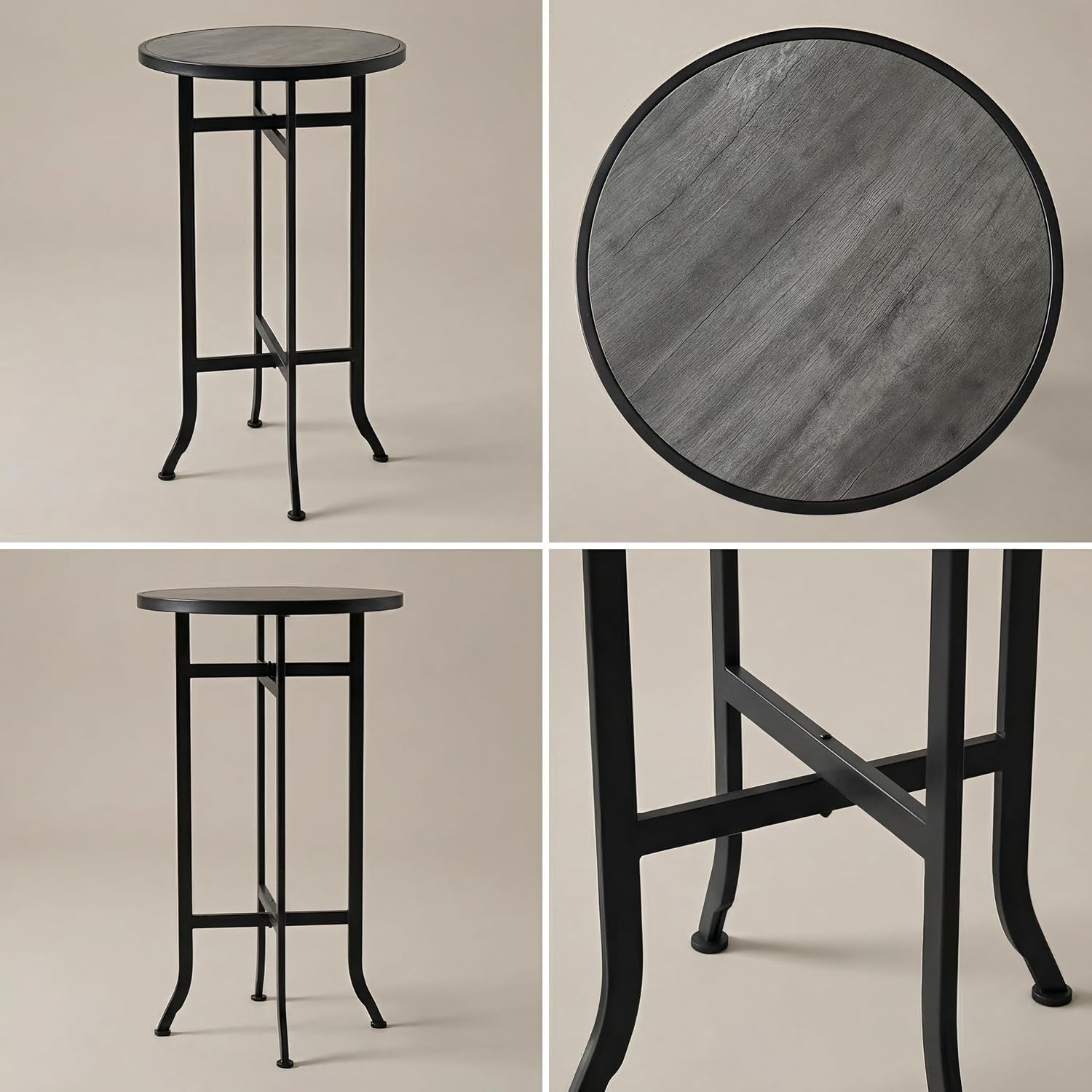 Round Wood Bar Table & Counter Height Table Industrial Metal Bistro Pub Table for Kitchen, Indoor Outdoor Patio, Small Spaces