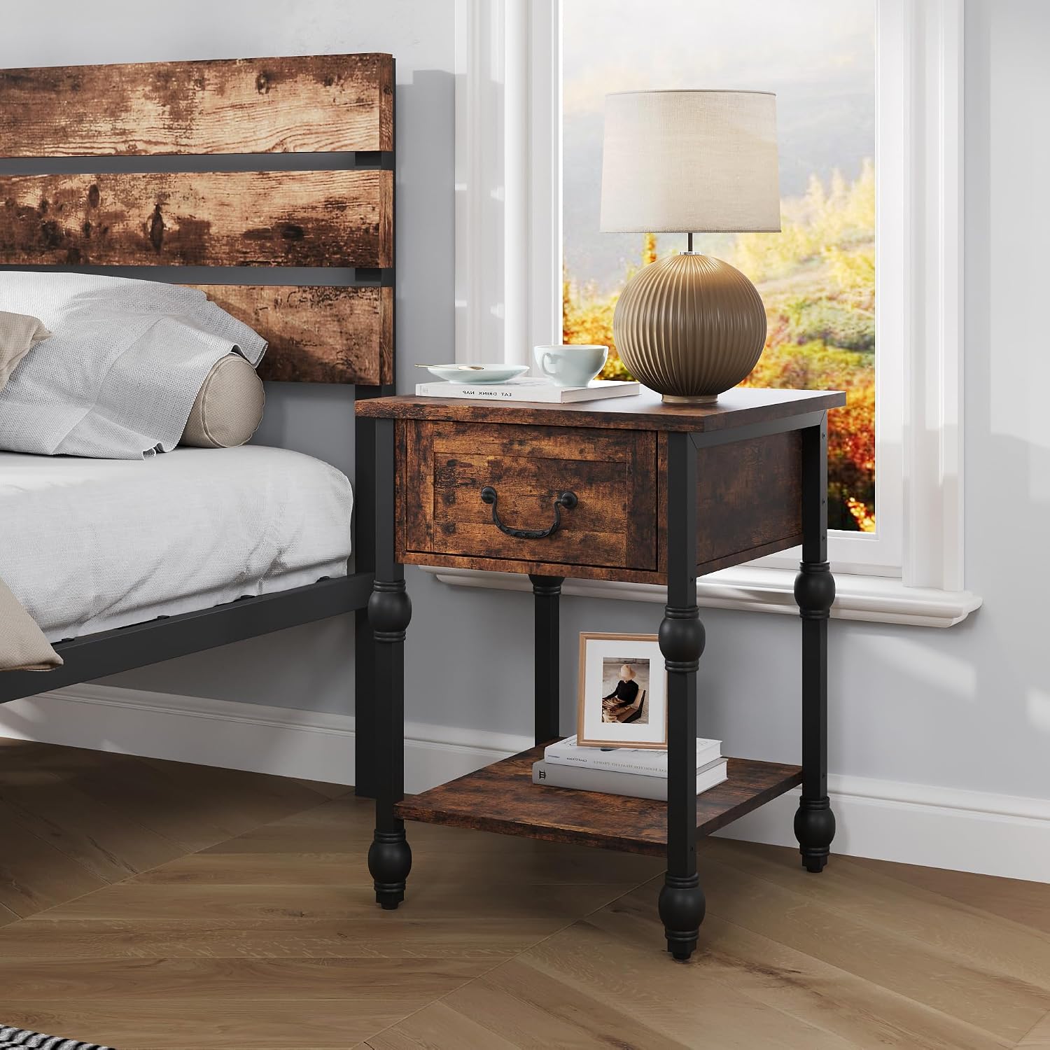 Takywep Small End Table with Drawer & Open Shelf, Vintage Nightstand with Gourd Joint Details, Apartment Square Sofa Beside Table with Storage Shelf for Living Room, Bedroom, 16 * 23in Retro Brown