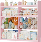Kids Bookshelf, 8-Tier Bookshelf with Stuffed Animal Storage, Wooden Kids Bookcase and Toy Storage Organizer, Anti-Tipping Wall-Leaning Book Shelf for Kids Room, Playroom, Classroom. Pink