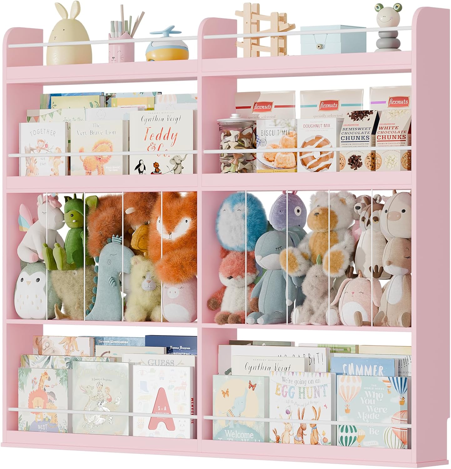 Kids Bookshelf, 8-Tier Bookshelf with Stuffed Animal Storage, Wooden Kids Bookcase and Toy Storage Organizer, Anti-Tipping Wall-Leaning Book Shelf for Kids Room, Playroom, Classroom. Pink