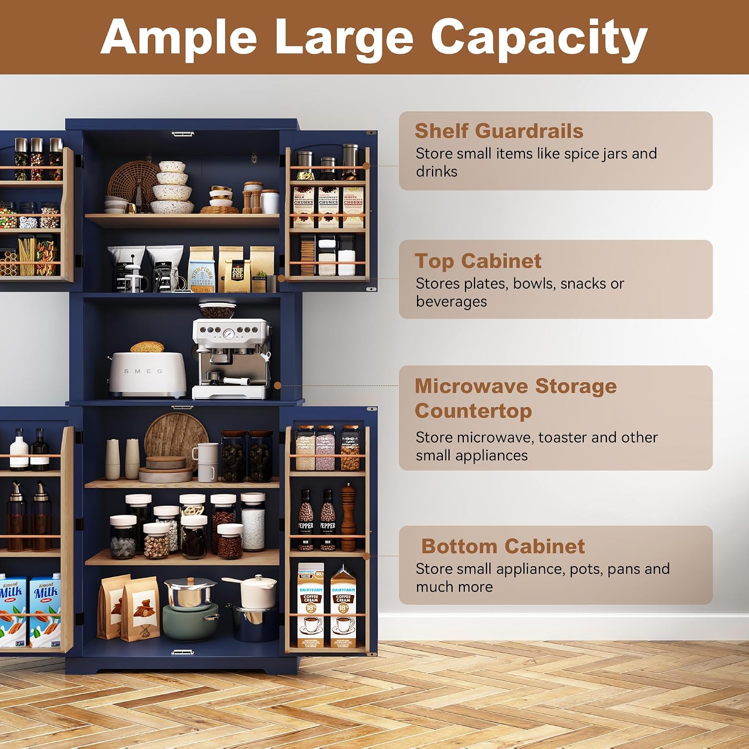 HLR 72" Kitchen Pantry Storage Cabinet with Open Countertop, Freestanding Larder Cupboard with Microwave Stand, Utility Laundry Room Storage Cabinet with Doors and Shelves for Dining Room, Living Room