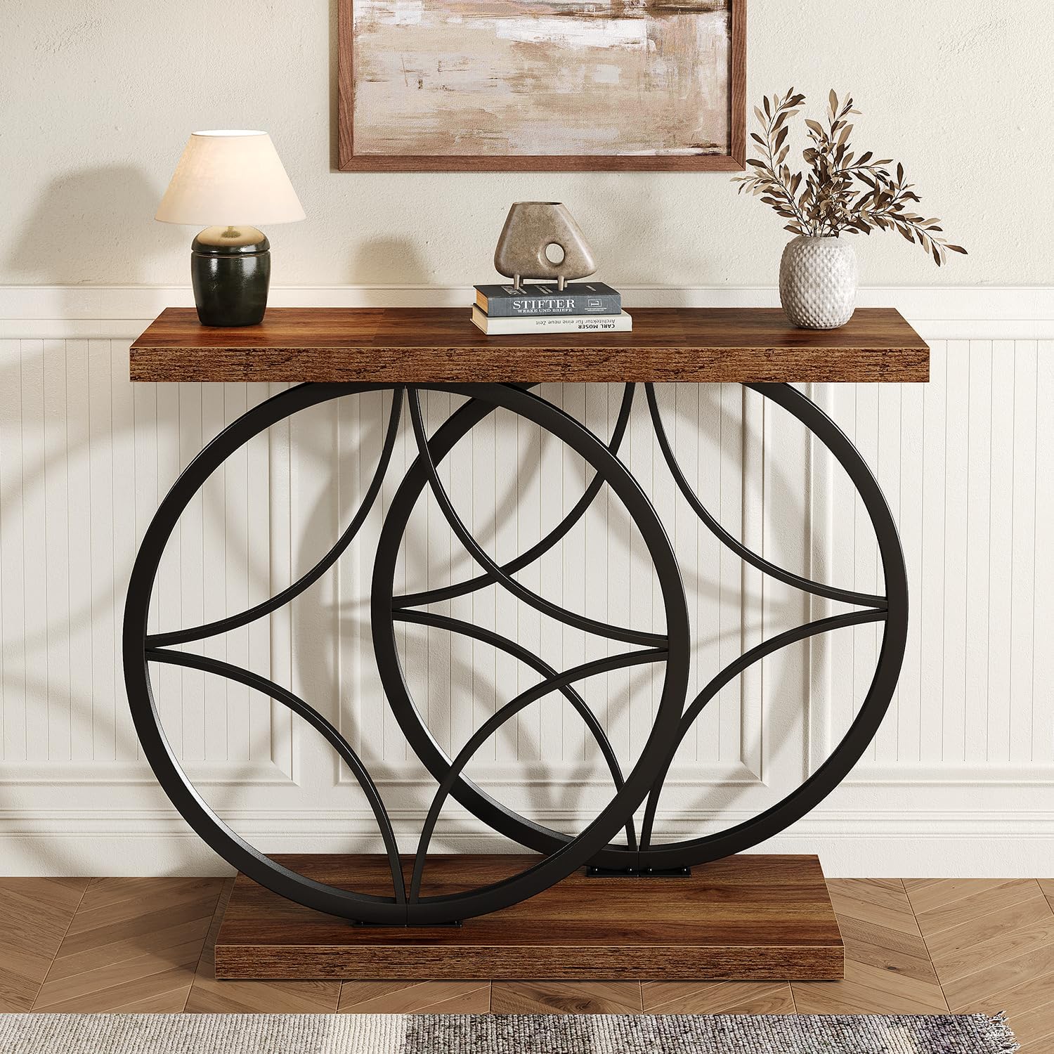knoworld 39.4" Console Table, Industrial Entryway Table with Anti-Tilt Design, Narrow Wood Accent Sofa Table Behind Couch with Double Circle Base for Entryway, Living Room, Hallway, Foyer