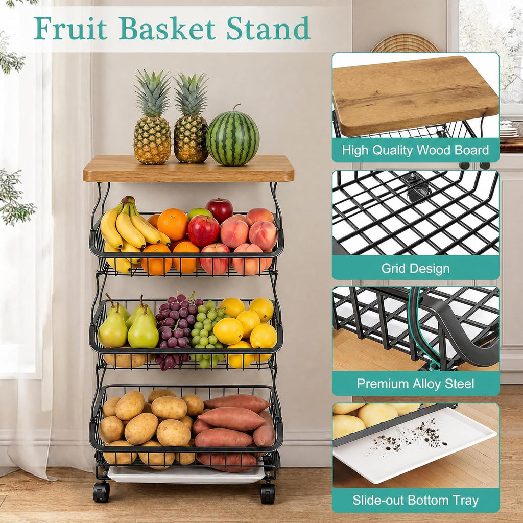 VECELO 4-Tier Fruit Basket with Wheels, Fruit and Vegetable Storage Cart for Kithchen, Stackable Produce Organizer Wire Baskets for Kitchen, Pantry, Living Room
