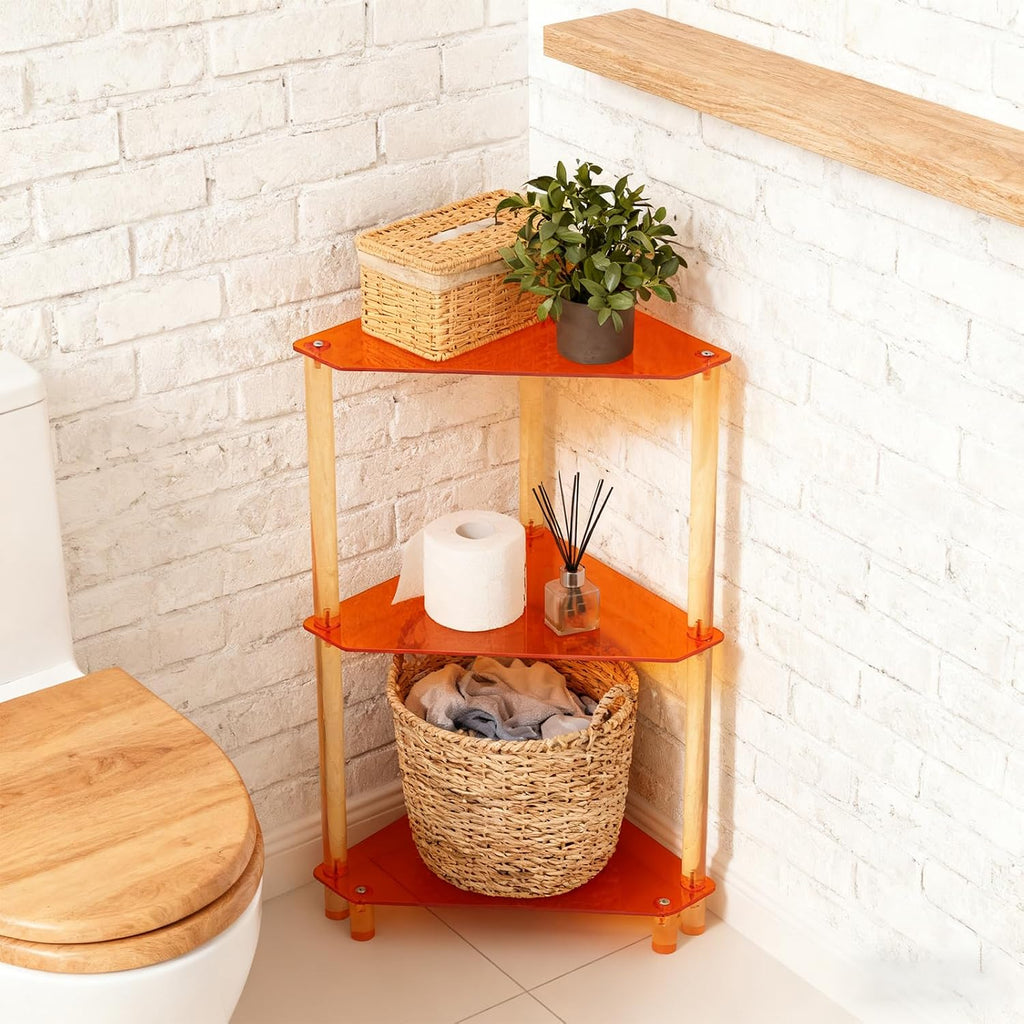 3-Tier Triangle End Table, Orange Acrylic Side Table for Living Room, Bedroom, Office, Freestanding Corner Shelf Stand for Small Space, 11.8"x11.8"x26", 22 lbs Capacity